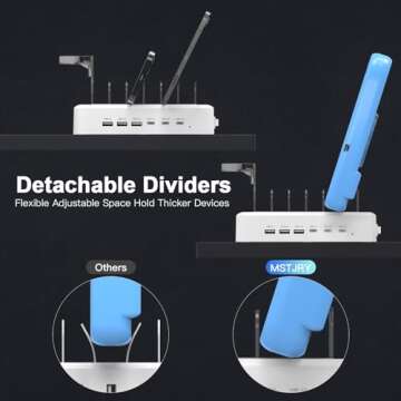 MSTJRY 90W 6-Port USB C Fast Charging Station for Multiple Devices, Multi PD Charger Station for iPhone iPad Tablet Phone, Charging Dock Organizer with Adjustable Dividers for Home Office Classroom