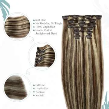 15inch Clip in Hair Extensions Brown with Blonde Highlighted Remy Silky Straight Human Hair Extensions Blonde Balayage 70g Thicken from Top to End 7Pcs