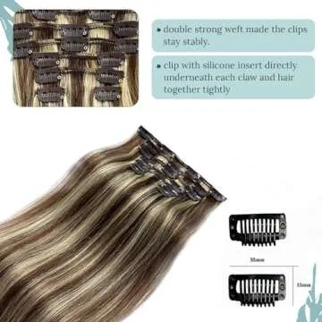 15inch Clip in Hair Extensions Brown with Blonde Highlighted Remy Silky Straight Human Hair Extensions Blonde Balayage 70g Thicken from Top to End 7Pcs