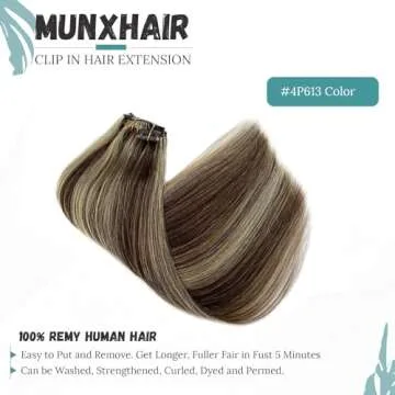 15inch Clip in Hair Extensions Brown with Blonde Highlighted Remy Silky Straight Human Hair Extensions Blonde Balayage 70g Thicken from Top to End 7Pcs