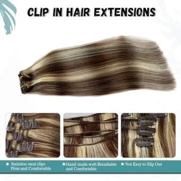 15inch Clip in Hair Extensions Brown with Blonde Highlighted Remy Silky Straight Human Hair Extensions Blonde Balayage 70g Thicken from Top to End 7Pcs