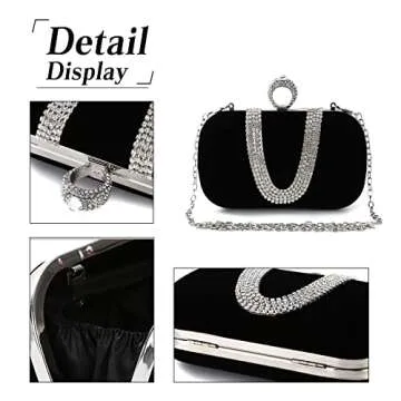 CORIOS Women Velvet Evening Bag Sparkly Rhinestone Clutch Bag Bridal Wedding Purse Charming Glittering Handbag Elegant Crossbody Bag Shoulder Bag for Wedding Banquet Cocktail Prom Party Black