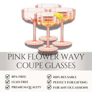 Khen Shatterproof Acrylic Flower Wavy Art Deco Martini, Champagne & Cocktail Blush Peach-Pink Plasti...