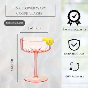 Khen Shatterproof Acrylic Flower Wavy Art Deco Martini, Champagne & Cocktail Blush Peach-Pink Plastic Tritan Coupe Glasses | Set of 4 | 8.5oz Classic Cocktail Indoor & Outdoor Set Gift