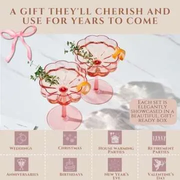 Khen Shatterproof Acrylic Flower Wavy Art Deco Martini, Champagne & Cocktail Blush Peach-Pink Plastic Tritan Coupe Glasses | Set of 4 | 8.5oz Classic Cocktail Indoor & Outdoor Set Gift