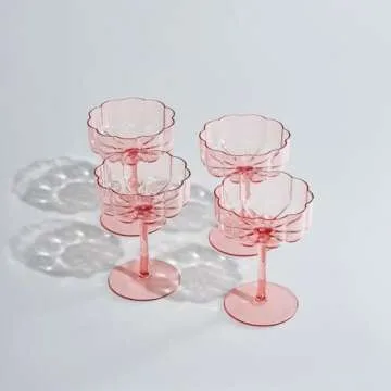 Khen Shatterproof Acrylic Flower Wavy Art Deco Martini, Champagne & Cocktail Blush Peach-Pink Plastic Tritan Coupe Glasses | Set of 4 | 8.5oz Classic Cocktail Indoor & Outdoor Set Gift