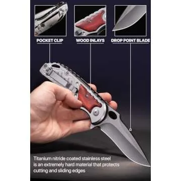 Grand Way Spring Assisted Knife - 5Cr15MoV Sharp Folding Blade - Pocket Knife with Wood Handle - Best Durable Tool for EDC Camping Survival Work - Mens Gifts Idea for Dad Husband Boyfriend 97010