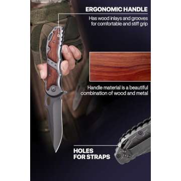 Grand Way Spring Assisted Knife - 5Cr15MoV Sharp Folding Blade - Pocket Knife with Wood Handle - Best Durable Tool for EDC Camping Survival Work - Mens Gifts Idea for Dad Husband Boyfriend 97010