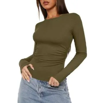 Darong Women's Casual Basic Going Out Tops Slim Fit Long Sleeve Crew Neck Tight T Shirts 9067 Army Green XS