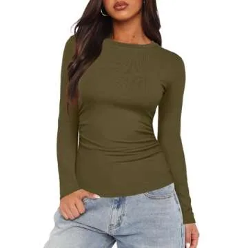 Darong Women's Casual Basic Going Out Tops Slim Fit Long Sleeve Crew Neck Tight T Shirts 9067 Army Green XS