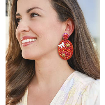 HZEYN Easter Earrings Sequin Butterfly Floral Beaded Egg Easter Earrings Colorful Sparky Drop Dangle Earrings for Women Holiday Jewelry Gift Red