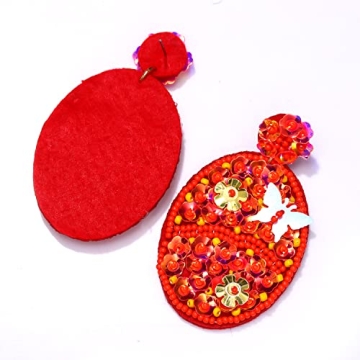 HZEYN Easter Earrings Sequin Butterfly Floral Beaded Egg Easter Earrings Colorful Sparky Drop Dangle Earrings for Women Holiday Jewelry Gift Red