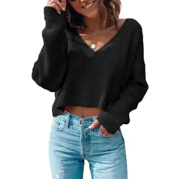 Zeagoo Women Waffle Knit Cropped Top Casual V Neck Long Sleeve Pullover Top Black Large