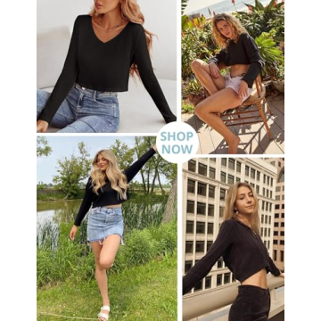 Zeagoo Women Waffle Knit Cropped Top Casual V Neck Long Sleeve Pullover Top Black Large