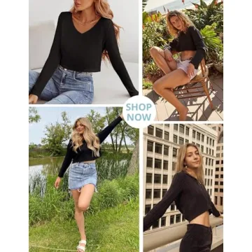 Zeagoo Women Waffle Knit Cropped Top Casual V Neck Long Sleeve Pullover Top Black Large
