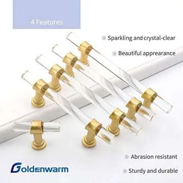 goldenwarm 5 Pack 3 Inch Acrylic Drawer Pulls Gold Cabinet Handles Acrylic Cabinet Pulls Clear Glass Hardware for Dresser Drawer