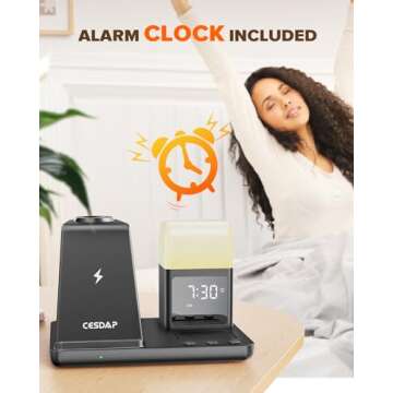 CESDAP 6 in 1 Wireless Charging Station for Apple Charging Station for Multiple Devices with Alarm Clock and Night Light nightstand Charging Station for iPhone 16 15 14 13 for Apple Watch