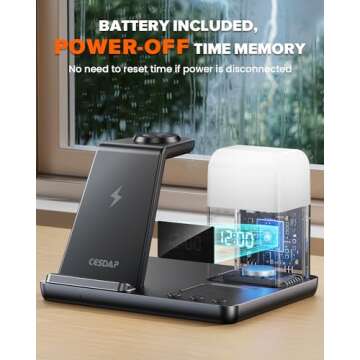 CESDAP 6 in 1 Wireless Charging Station for Apple Charging Station for Multiple Devices with Alarm Clock and Night Light nightstand Charging Station for iPhone 16 15 14 13 for Apple Watch