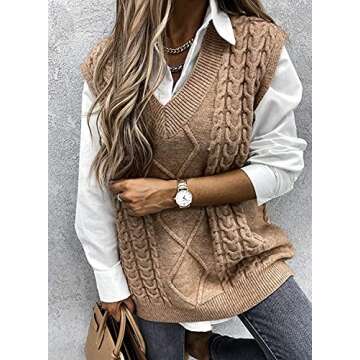Yousify Women Cable Knit Oversize Sweater Vest V Neck Sleeveless Vintage Loose Sweaters Tops Khaki