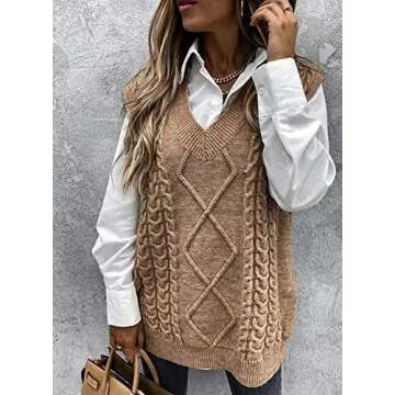 Yousify Women Cable Knit Oversize Sweater Vest V Neck Sleeveless Vintage Loose Sweaters Tops Khaki