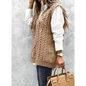Yousify Women Cable Knit Oversize Sweater Vest V Neck Sleeveless Vintage Loose Sweaters Tops Khaki