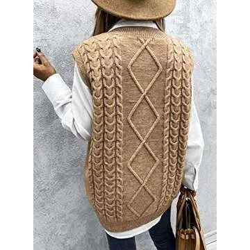 Yousify Women Cable Knit Oversize Sweater Vest V Neck Sleeveless Vintage Loose Sweaters Tops Khaki