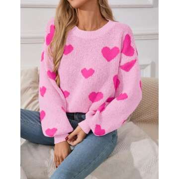 Libsorge Womens Oversized Cute Heart Valentines Day Sweater Spring Winter 2025 Trendy Ladies Dressy Casual Lightweight Ribbed Knit Crewneck Long Sleeve Pullover Knitted Tops Pink M