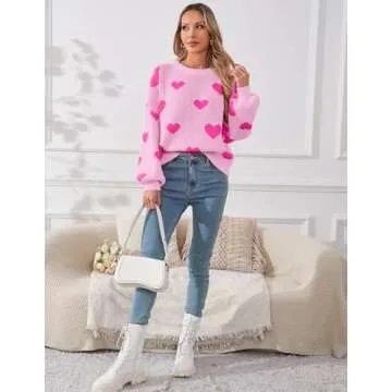 Libsorge Womens Oversized Cute Heart Valentines Day Sweater Spring Winter 2025 Trendy Ladies Dressy Casual Lightweight Ribbed Knit Crewneck Long Sleeve Pullover Knitted Tops Pink M