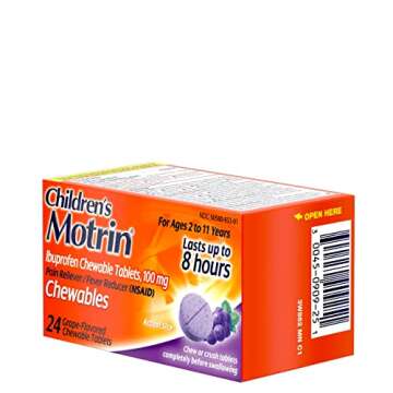 Motrin Children's Chewable Tablets with 100 mg Ibuprofen for Pain & Fever, Grape, 24 Count (Pack of 1)