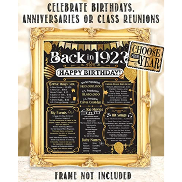 102nd Birthday Party Decorations for 102nd Birthday (One-hundred and two) -Remembering The Year 1923 -Party Supplies -Gifts for Men & Women Turning 102 -Back In 1923 Birthday Card 11x14 Unframed Print