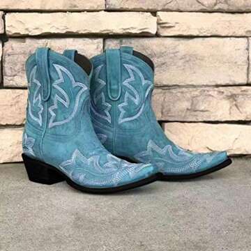AODONG Cowboy Boots for Women Square Toe Women Cowgirl Boots Leather Retro Ankle Boots Embroidered Western Short Boots Blue