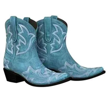 AODONG Cowboy Boots for Women Square Toe Women Cowgirl Boots Leather Retro Ankle Boots Embroidered Western Short Boots Blue