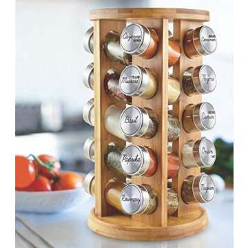 Orii 20 Jar Bamboo Spice Rack with Spices Included - Rotating Tower Organizer for Kitchen Spices and...