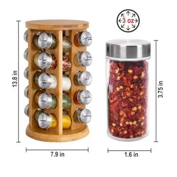 Orii 20 Jar Bamboo Spice Rack with Spices Included - Rotating Tower Organizer for Kitchen Spices and Seasonings, (Bamboo Wood)
