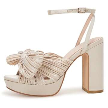 VETASTE Women's Pleated Bow Knot Platform Heeled Sandals Open Toe Chunky Block Heel Ankle Buckle Strap Bridal Wedding Dress Shoes