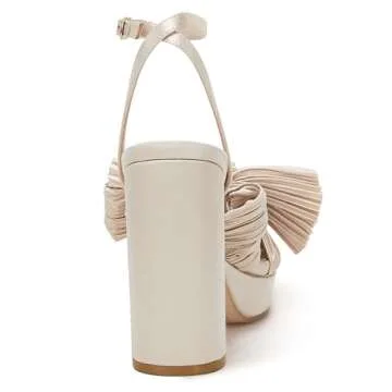 VETASTE Women's Pleated Bow Knot Platform Heeled Sandals Open Toe Chunky Block Heel Ankle Buckle Strap Bridal Wedding Dress Shoes