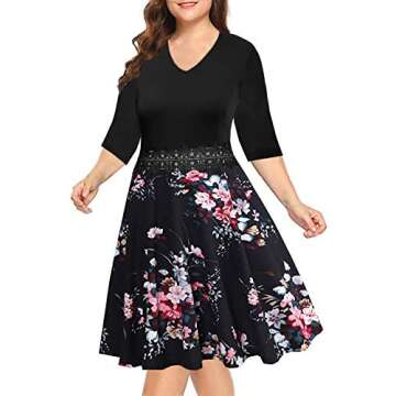 BEDOAR Women's 3/4 Sleeves Elegant Lace Embroidery Plus Size Flared A-Line Swing Casual Party Cockta...