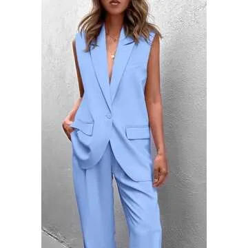 PRETTYGARDEN Womens Two Piece Outfits Sleeveless Blazer and Wide Leg Pants Suit Sets Business Casual Clothes (Light Blue,Small)