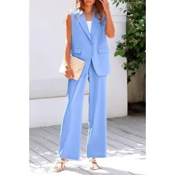 PRETTYGARDEN Womens Two Piece Outfits Sleeveless Blazer and Wide Leg Pants Suit Sets Business Casual Clothes (Light Blue,Small)