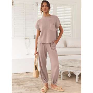 ANRABESS Women's Two Piece Knit Sweater Vest Crop Top Pants Lounge Set in Light Pink