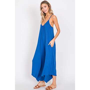 Annabelle Women's Asymmetrical V Neck Loose Fit Side Pocket Comfy Overall Jumpsuit Rompers Small Royal Blue J8030