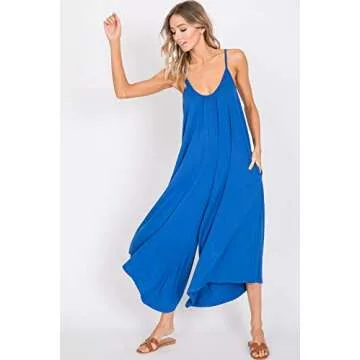 Annabelle Women's Asymmetrical V Neck Loose Fit Side Pocket Comfy Overall Jumpsuit Rompers Small Royal Blue J8030