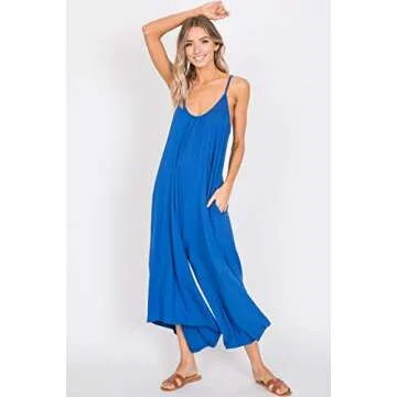 Annabelle Women's Asymmetrical V Neck Loose Fit Side Pocket Comfy Overall Jumpsuit Rompers Small Royal Blue J8030
