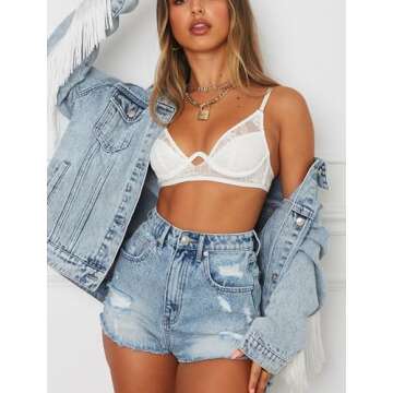 Justalwart Fringe Jean Jacket Women Oversized Denim Jacket (XL, Oversized Denim Jacket With Fringe Trimming)