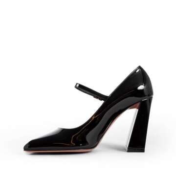 Kapxumo Women's High Heeled Mary Jane Shoes Closed Square Toe Chunky Heel Pumps Adjustable Buckle Dress Wedding Party Leather Shoes Ladies Black