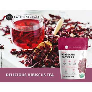 Organic Hibiscus Flowers for Tea & Hair (12oz) by Kate Naturals. Organic Hibiscus Tea Loose Leaf. 100% Natural & Dried Hibiscus Flower. Edible Flowers for Hibiscus Syrup, Cake Decoration & Cocktails
