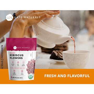 Organic Hibiscus Flowers for Tea & Hair (12oz) by Kate Naturals. Organic Hibiscus Tea Loose Leaf. 100% Natural & Dried Hibiscus Flower. Edible Flowers for Hibiscus Syrup, Cake Decoration & Cocktails