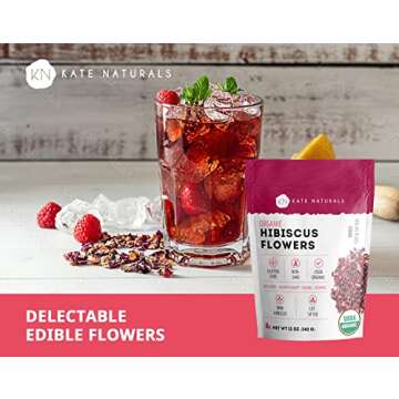 Organic Hibiscus Flowers for Tea & Hair (12oz) by Kate Naturals. Organic Hibiscus Tea Loose Leaf. 100% Natural & Dried Hibiscus Flower. Edible Flowers for Hibiscus Syrup, Cake Decoration & Cocktails