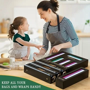 Calmbee Storage Bag Organizer, Foil and plastic wrap organizer with cutter, Kitchen Organizers and Storage Compatible with Gallon, Quart, Sandwich, Snack Bags and 12" Aluminum Foil & Wax Paper,Black