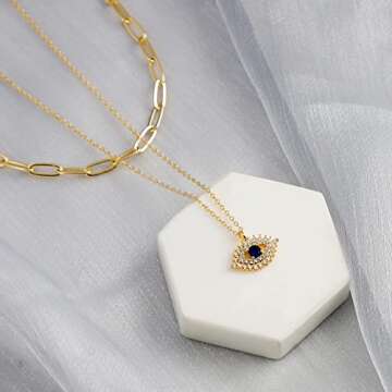 Fettero Pendant Necklace 14K Gold Plated Evil Eye Pendant Dainty Chain Necklace for Women Layering Necklaces Good Luck Jewelry Gifts